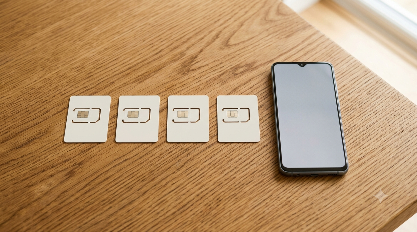 イギリスのSIMカード4枚とスマートフォンが並ぶ机上の写真