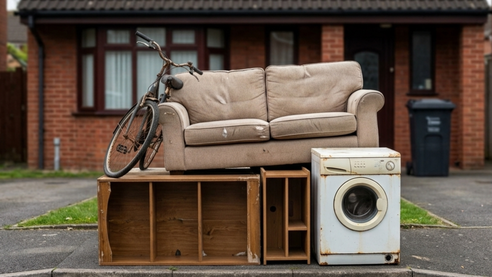 イギリス 粗大ごみとしてソファや洗濯機、本棚、自転車が家の前に積まれている様子