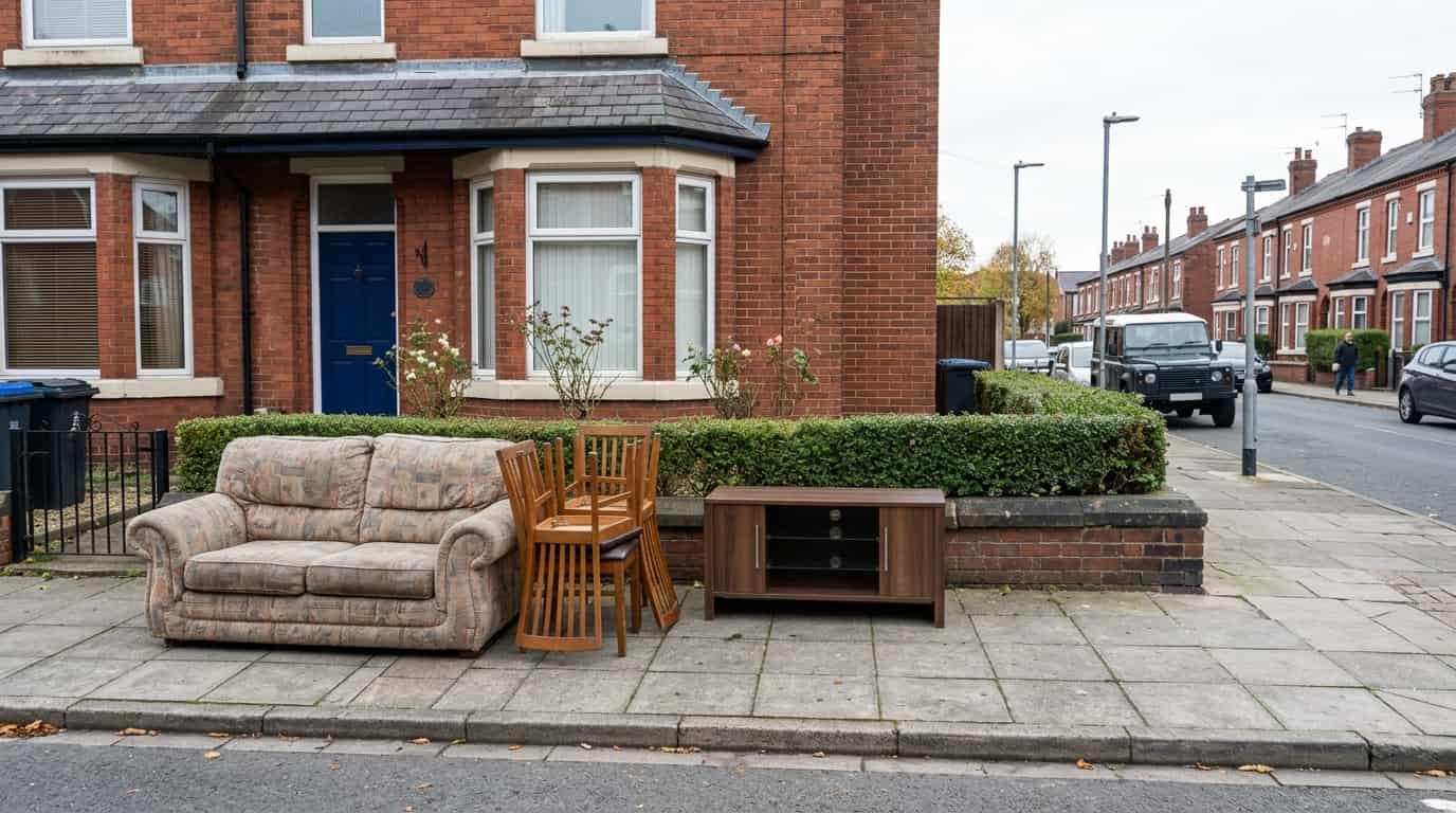 イギリスの住宅街の歩道に粗大ごみとして出されたソファ・椅子・テレビ台