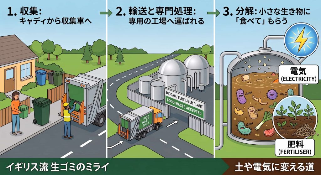 生ゴミ キャディから収集車で運ばれ、専用工場で微生物が分解して電気と肥料になるまでの3ステップの図解