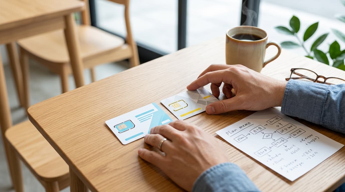giffgaff VOXI 比較｜2枚のSIMカードのプランを見比べているイメージ