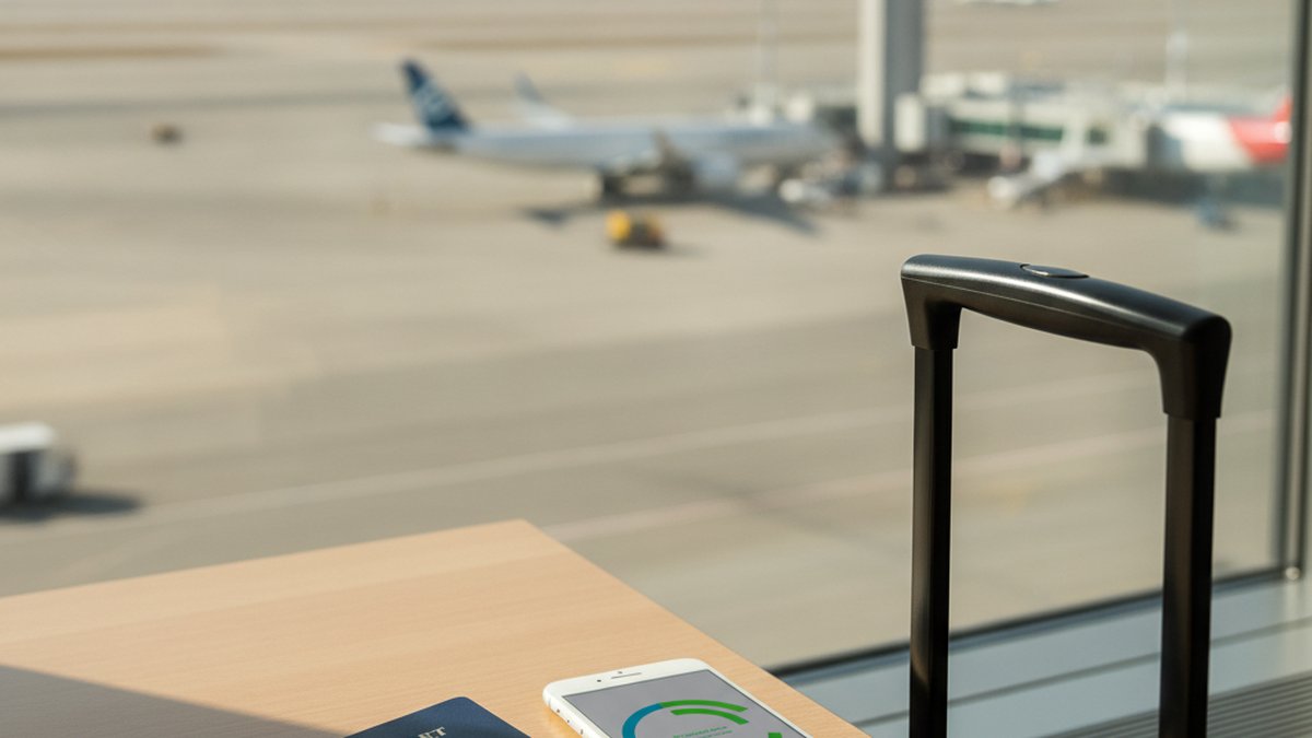 一時帰国前にWiseで両替するイメージ、空港のスーツケースとパスポート
